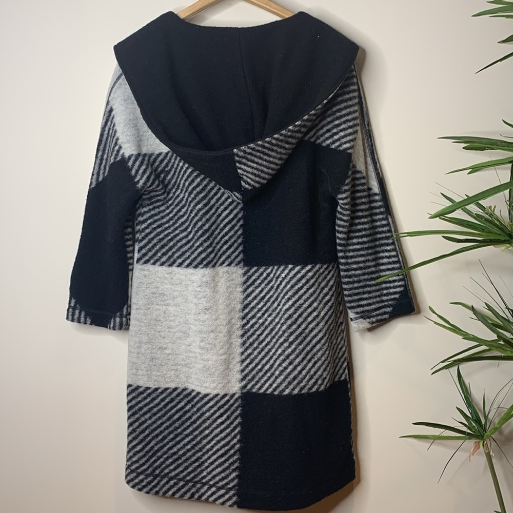 Kenar | Black White Wool Blend Color Pattern Block Hooded Cardigan Duster Coat S - Picture 16 of 16